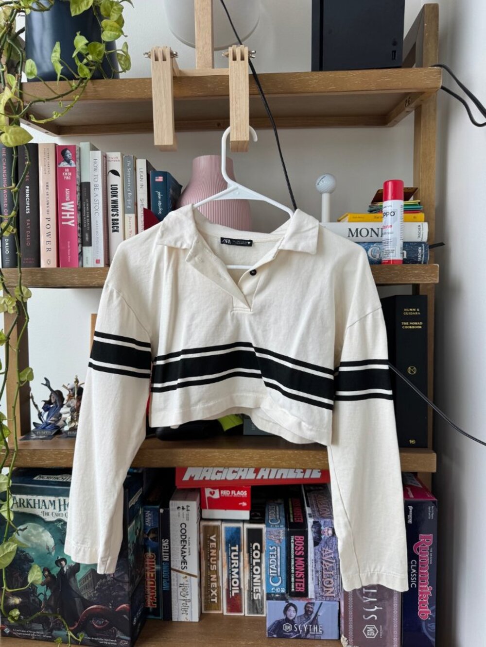 Zara Cream Black Striped Cropped Polo Size S